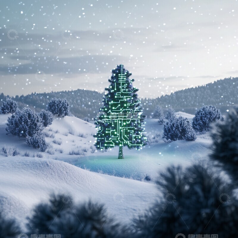 高清大图下载【趣麦麦图】雪景中的网络安全圣诞树