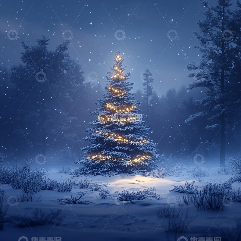 高清大图下载【趣麦麦图】雪夜森林圣诞树4