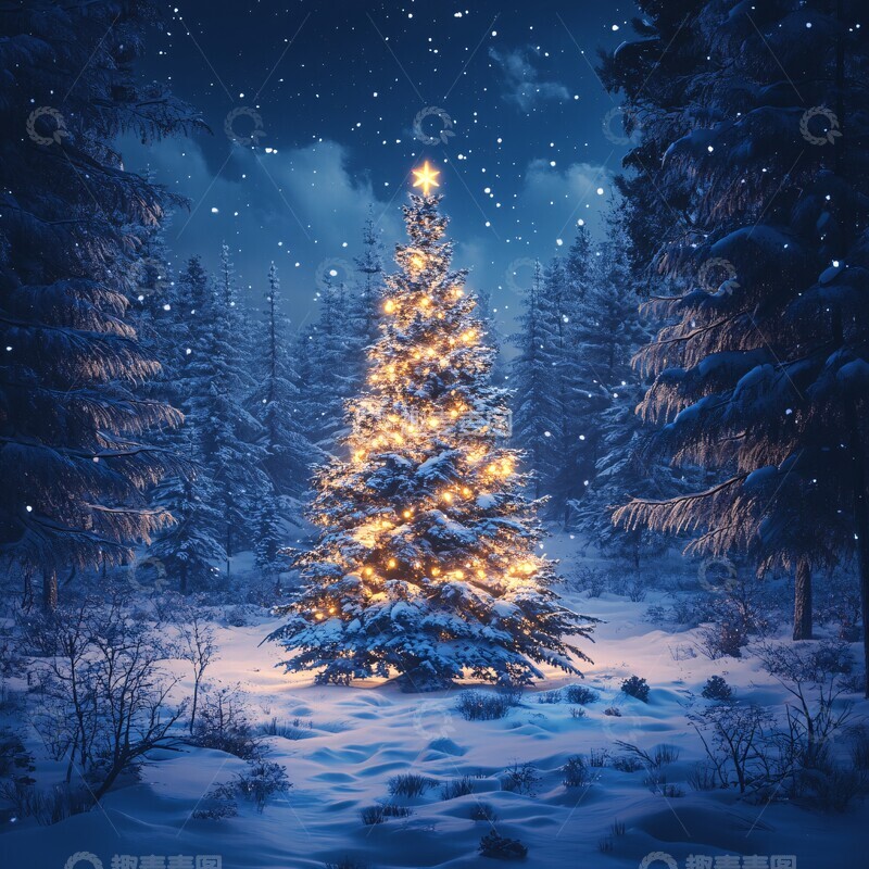高清大图下载【趣麦麦图】雪夜森林圣诞树5