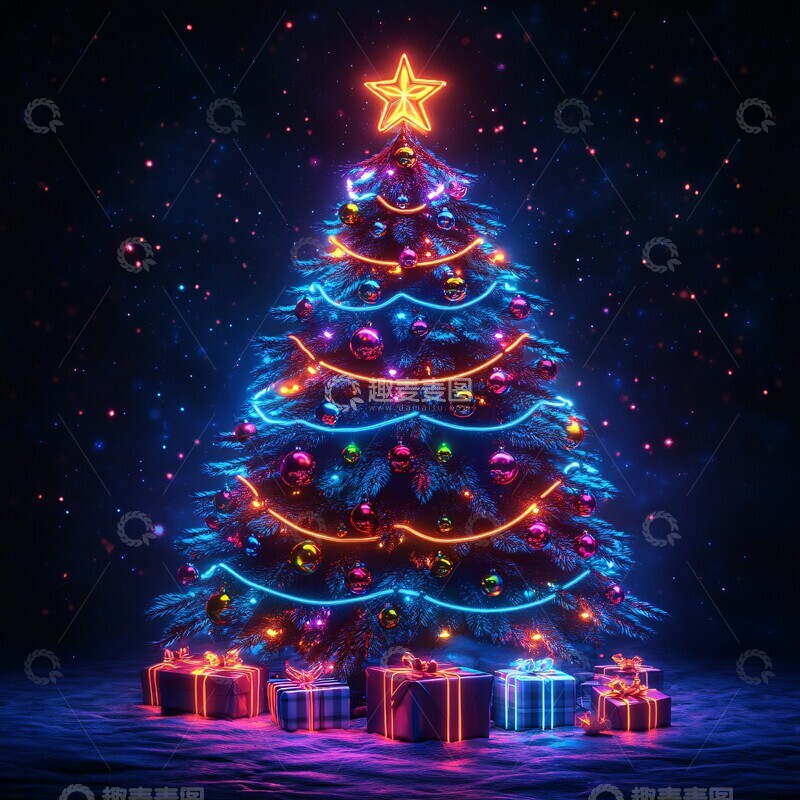 高清大图下载【趣麦麦图】圣诞树礼盒霓虹玩具1
