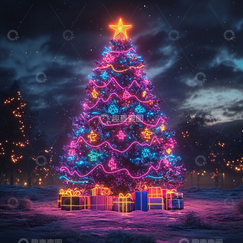 高清大图下载【趣麦麦图】圣诞树礼盒霓虹玩具3