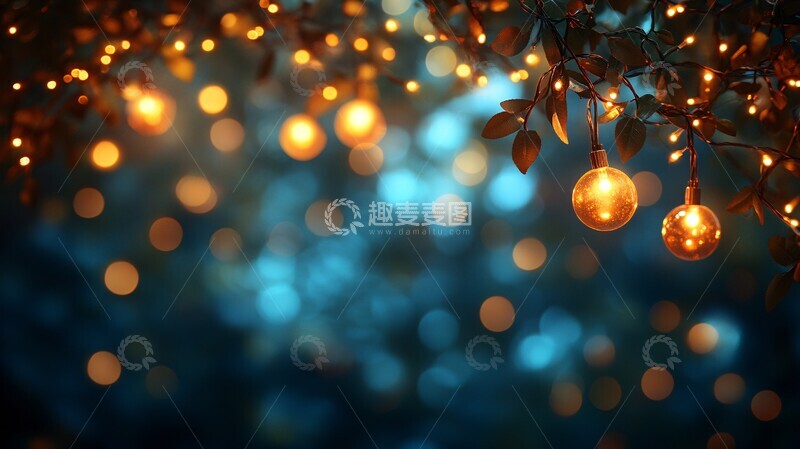 高清大图下载【趣麦麦图】悬挂灯串深蓝背景2