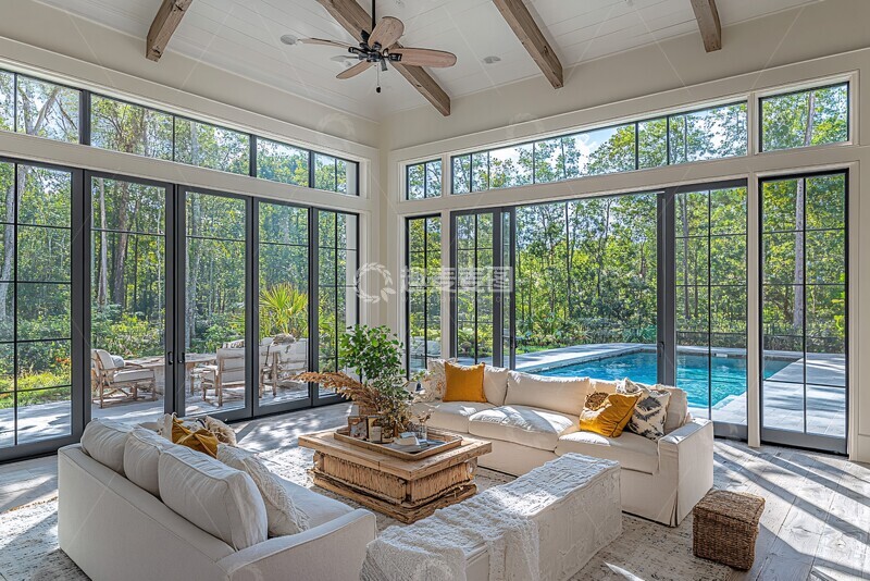 高清大图下载【趣麦麦图】阳光客厅与户外泳池