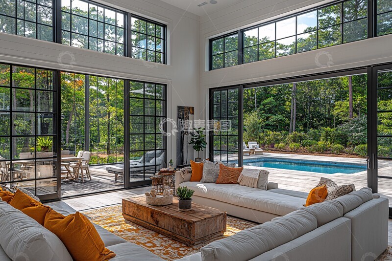 高清大图下载【趣麦麦图】阳光客厅与户外泳池1