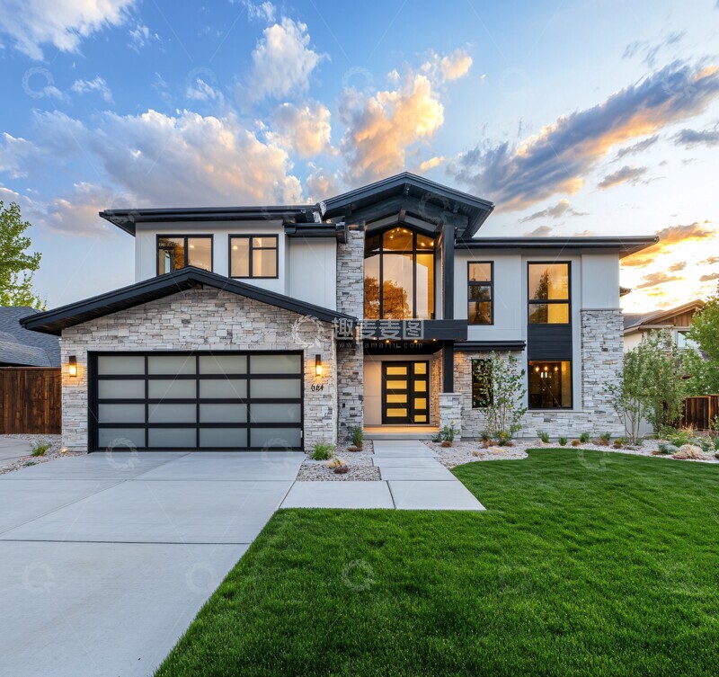 高清大图下载【趣麦麦图】石外墙双层车库住宅