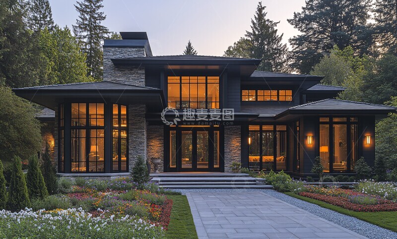 高清大图下载【趣麦麦图】灰色木屋花卉庭院1