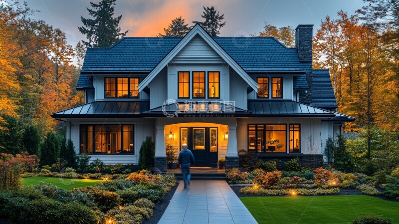 高清大图下载【趣麦麦图】蓝顶白墙房屋封面照1