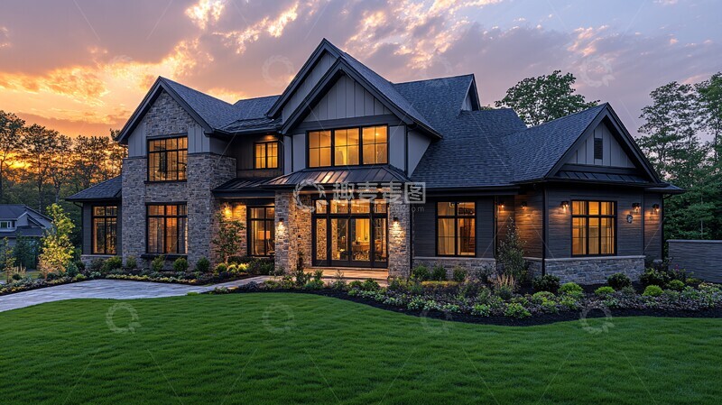 高清大图下载【趣麦麦图】夕阳下的现代住宅1