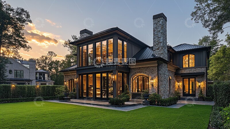 高清大图下载【趣麦麦图】夕阳下的现代住宅