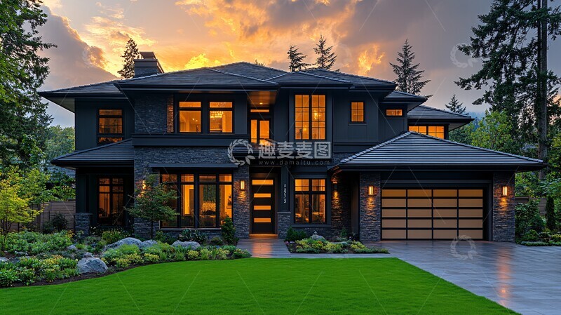 高清大图下载【趣麦麦图】新家庭住宅傍晚景色2