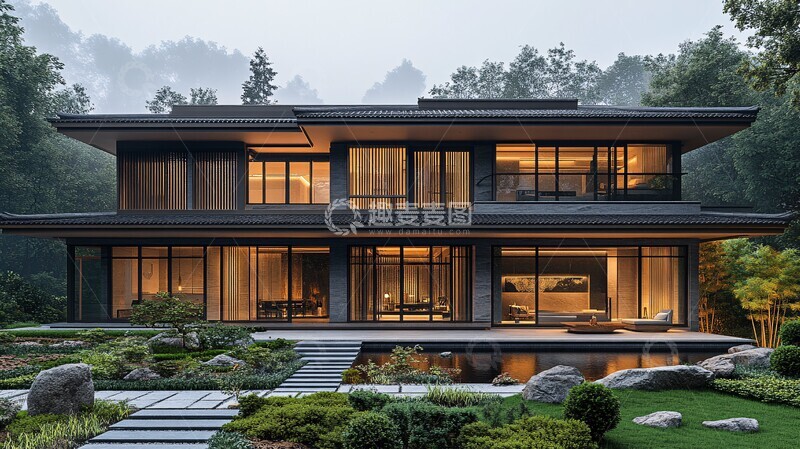 高清大图下载【趣麦麦图】中式别墅庭院景观1