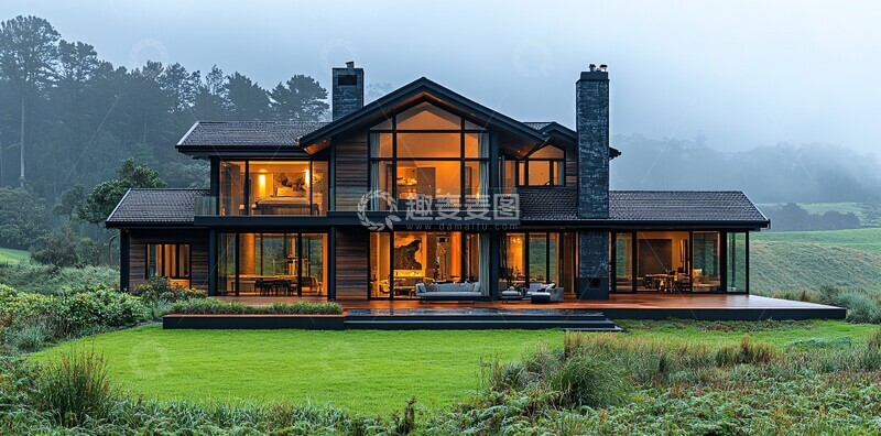 高清大图下载【趣麦麦图】大木屋草原夕照