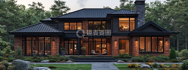 高清大图下载【趣麦麦图】森林背景现代砖房2
