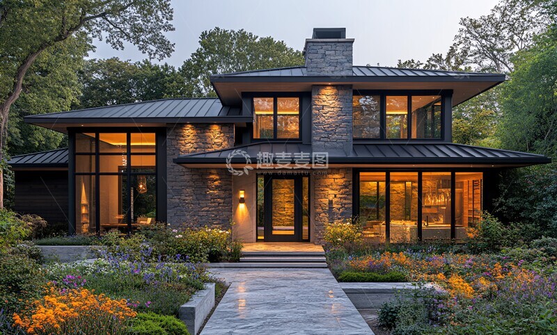 高清大图下载【趣麦麦图】现代农舍黄昏景1