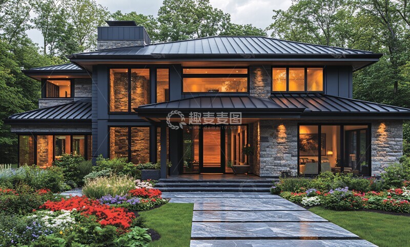 高清大图下载【趣麦麦图】现代农舍黄昏景3