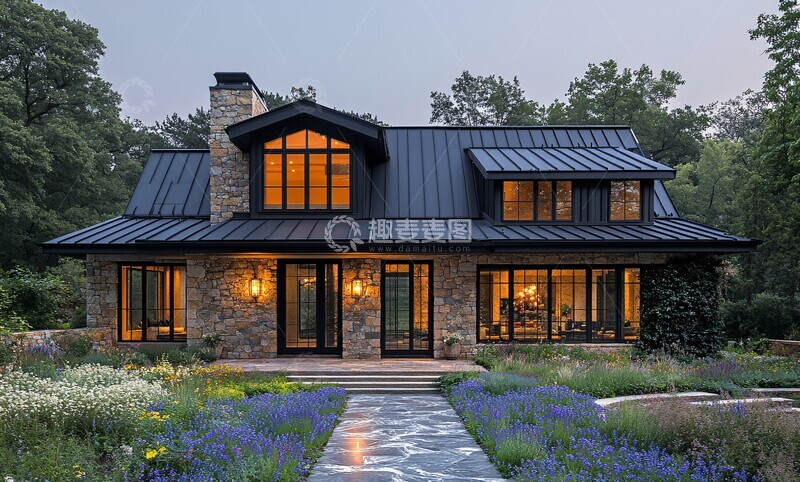 高清大图下载【趣麦麦图】现代农舍黄昏景2