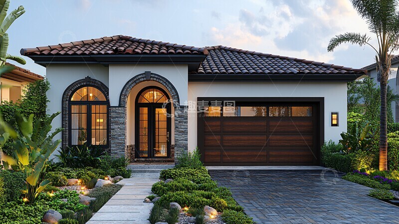 木纹车库门单层别墅2