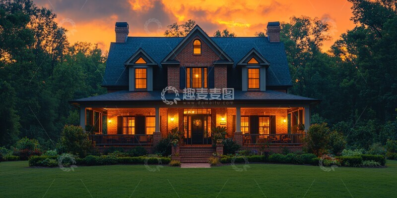 高清大图下载【趣麦麦图】砖房晚霞灯光2