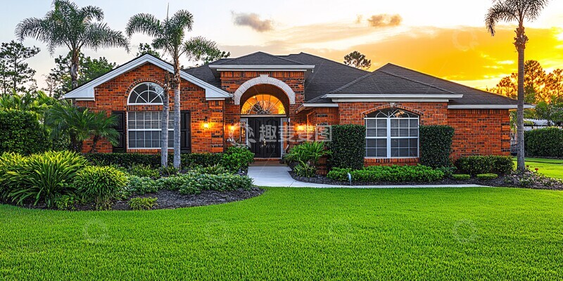 高清大图下载【趣麦麦图】砖房晚霞灯光