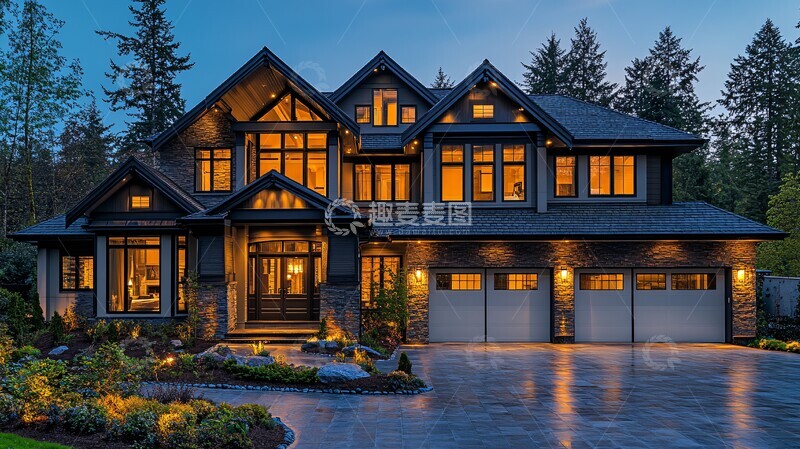高清大图下载【趣麦麦图】双车库豪华住宅夜景