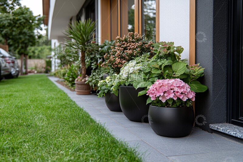 高清大图下载【趣麦麦图】黑色花盆绿草花园