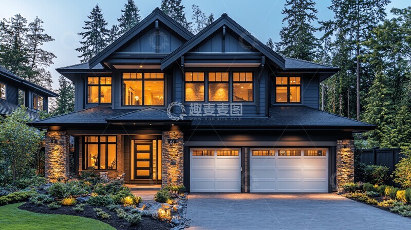 高清大图下载【趣麦麦图】双车库豪华住宅夜景2