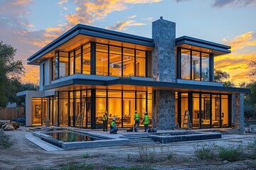 工人安装玻璃幕墙