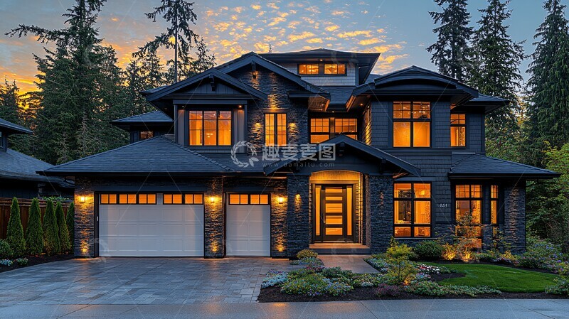 高清大图下载【趣麦麦图】双车库豪华住宅夜景1