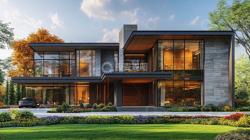 高清大图下载【趣麦麦图】灰色石墙木框别墅