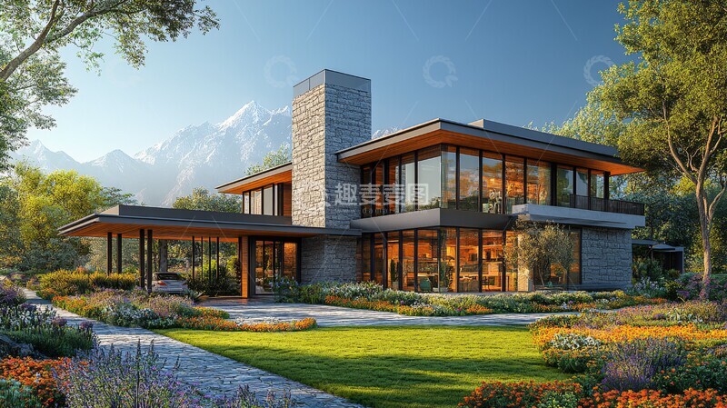 高清大图下载【趣麦麦图】灰色石墙木框别墅1