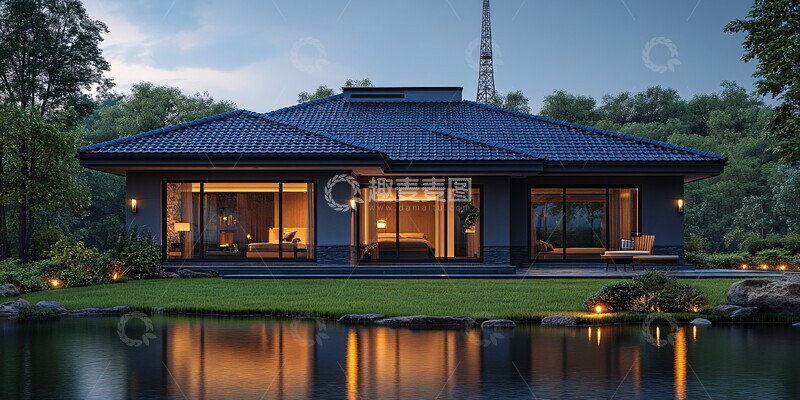 高清大图下载【趣麦麦图】湖畔别墅与电力塔