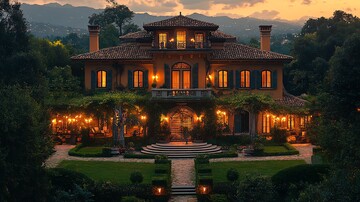 山坡别墅夜色图