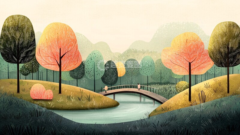 高清大图下载【趣麦麦图】童话森林河流小桥1