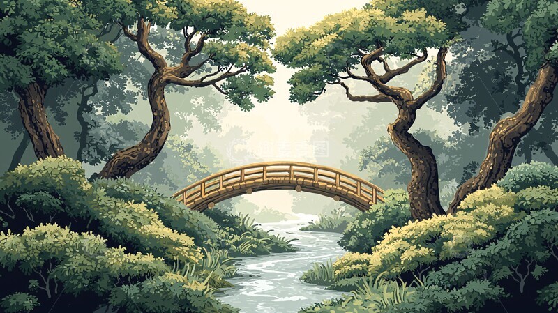 高清大图下载【趣麦麦图】童话森林河流小桥