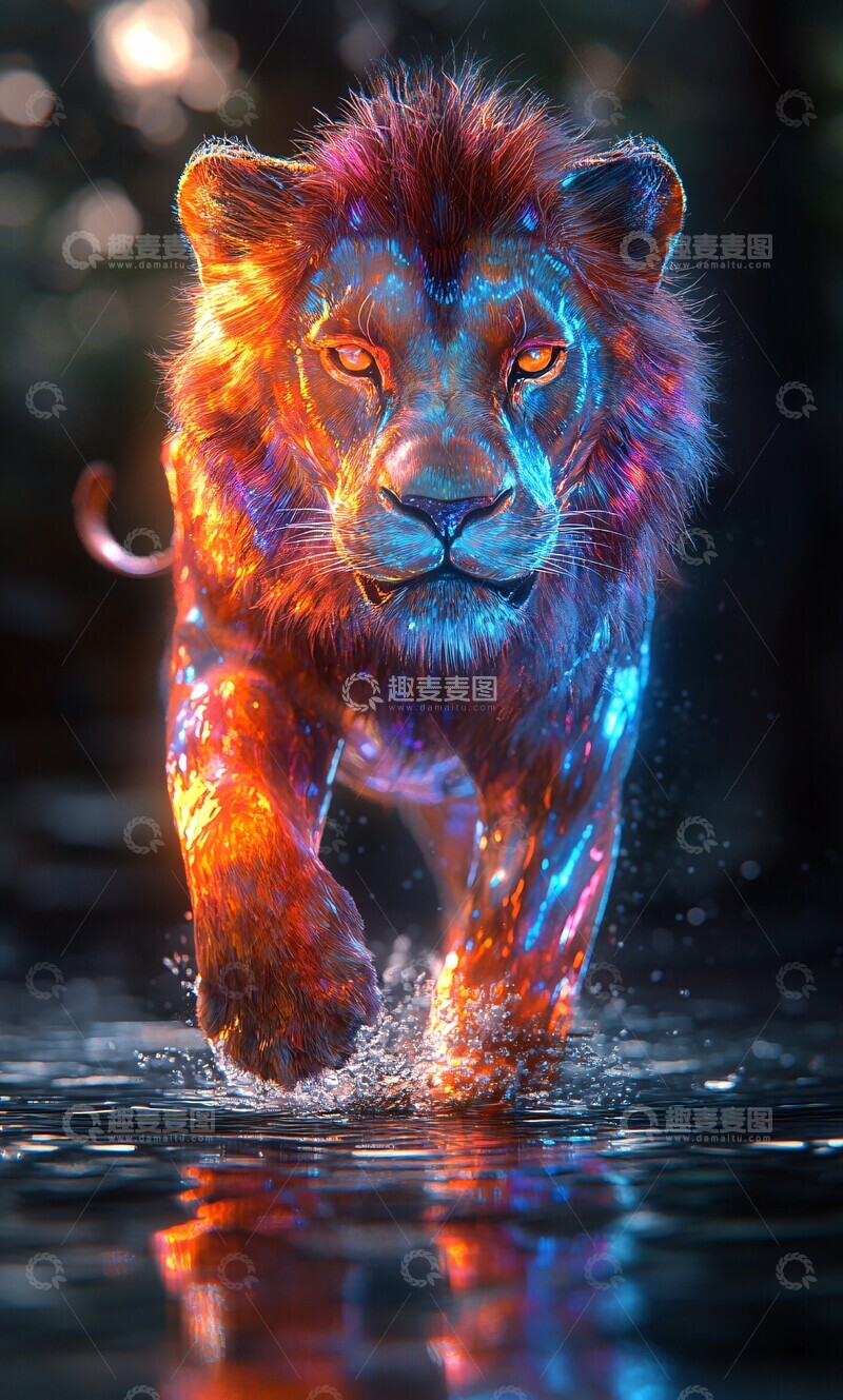 高清大图下载【趣麦麦图】幻彩狮子踏水图像