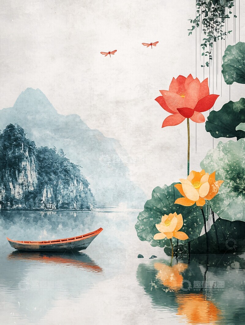 高清大图下载【趣麦麦图】夏日荷塘龙船图3