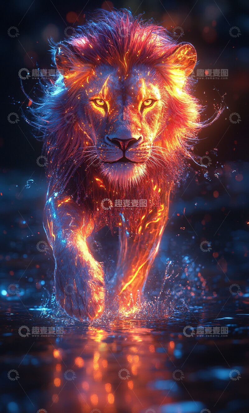 高清大图下载【趣麦麦图】幻彩狮子踏水图像1