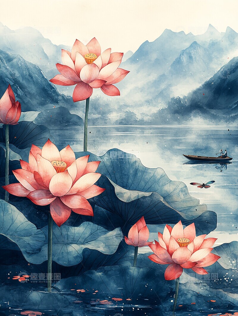 高清大图下载【趣麦麦图】夏日荷塘龙船图