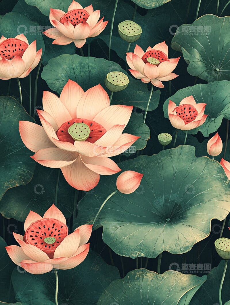 高清大图下载【趣麦麦图】西瓜莲花叶墨画