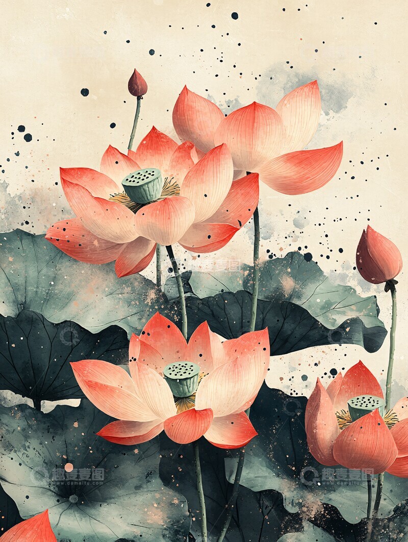 高清大图下载【趣麦麦图】西瓜莲花叶墨画1