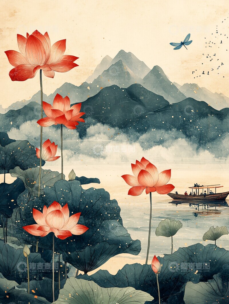 高清大图下载【趣麦麦图】夏日荷塘龙船图1