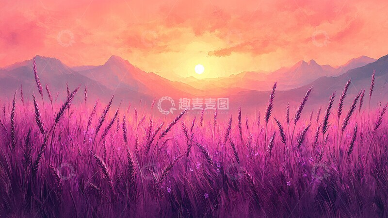高清大图下载【趣麦麦图】紫色麦田日落图2