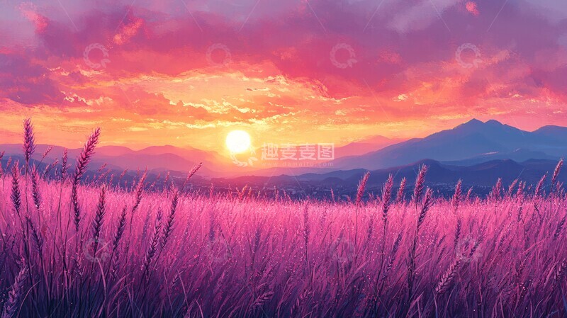 高清大图下载【趣麦麦图】紫色麦田日落图
