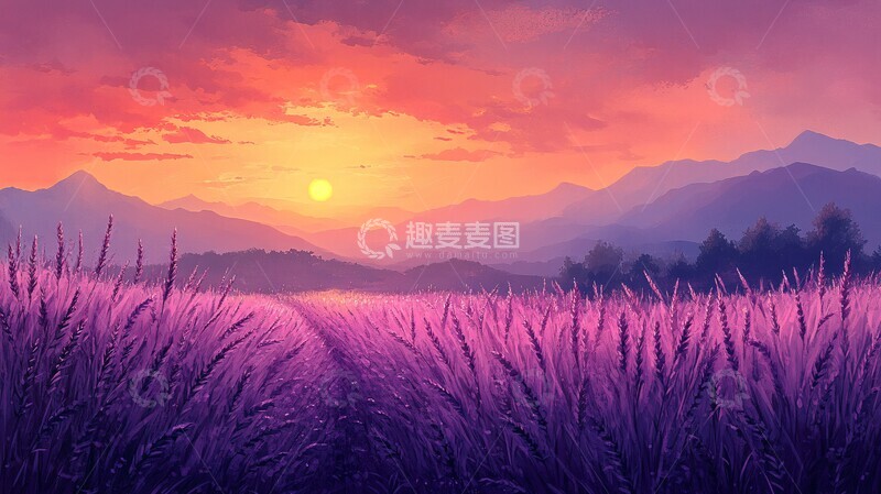 高清大图下载【趣麦麦图】紫色麦田日落图1