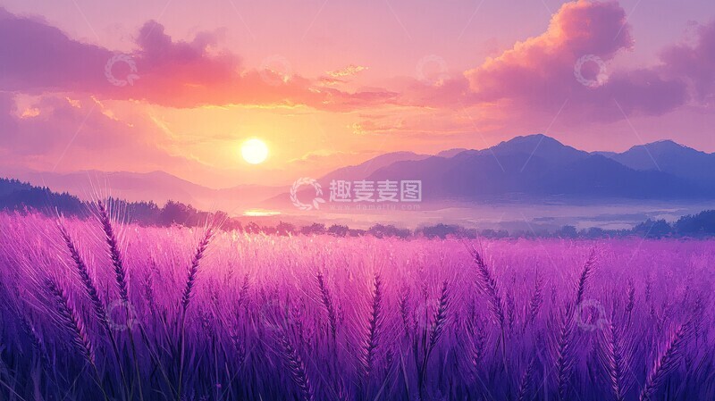 高清大图下载【趣麦麦图】紫色麦田日落图3