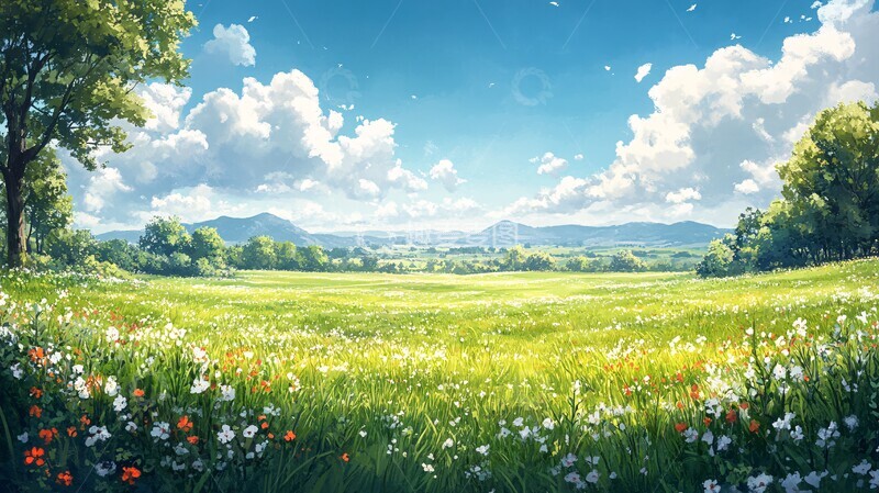 高清大图下载【趣麦麦图】大草原绿地草原绿地水彩1