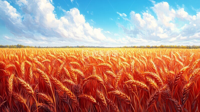 高清大图下载【趣麦麦图】-小麦田与红色背景1