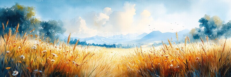 高清大图下载【趣麦麦图】麦田水彩画麦田水彩田野2