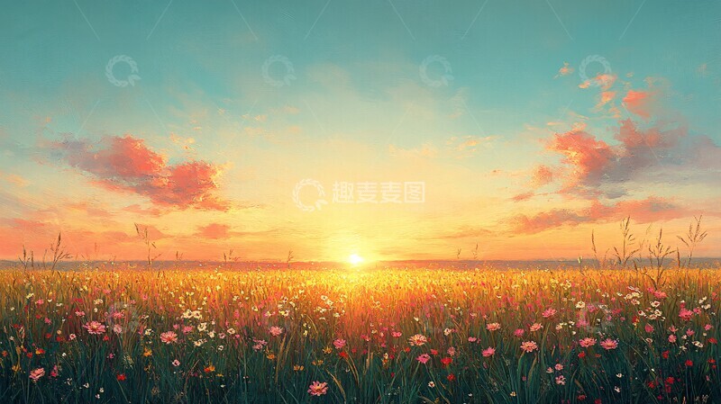 高清大图下载【趣麦麦图】花边草地夕阳图