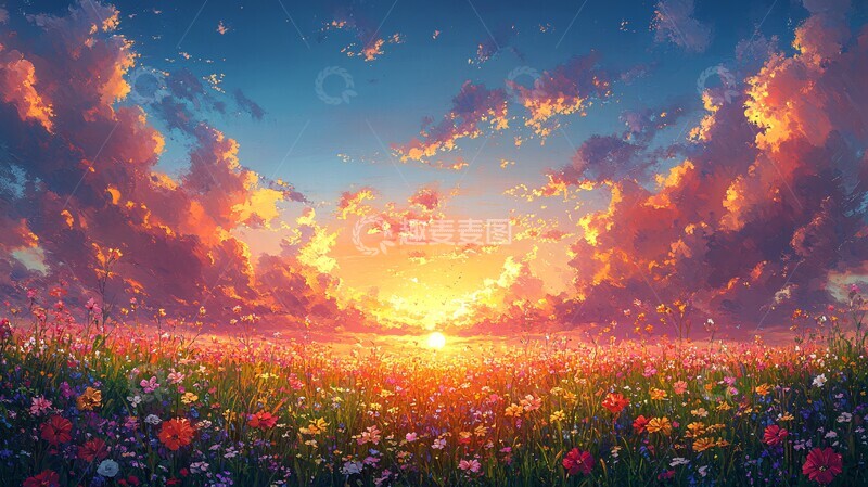 高清大图下载【趣麦麦图】花边草地夕阳图2